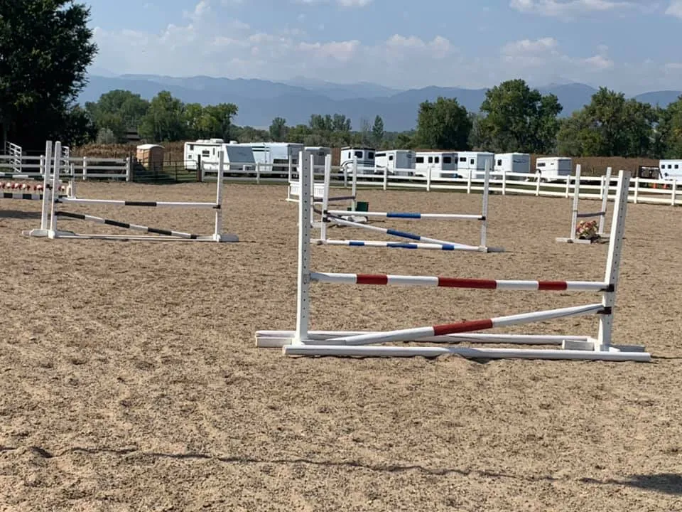Colourful show jumps set up in the arena